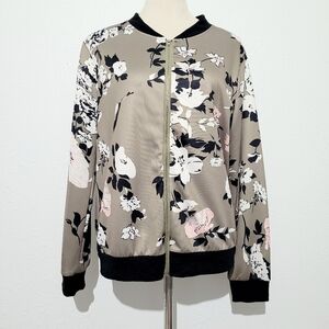 Woman's Floral Lightweight Bomber Jacket Zip-Up Satin Feel Size Large